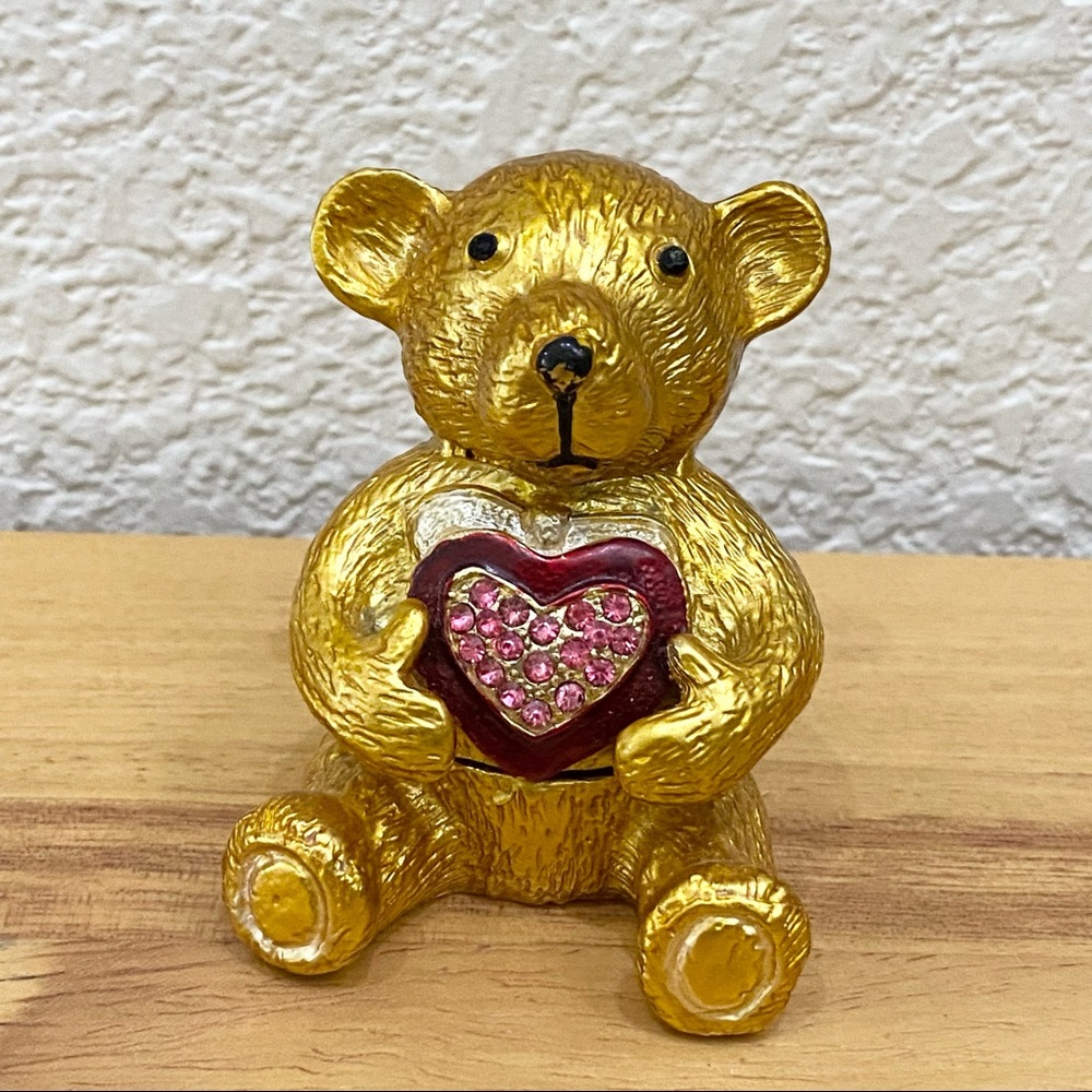Objet d Art Form Work of Art Gold Bear Holding a Heart Rhinestone Enamel Trinket